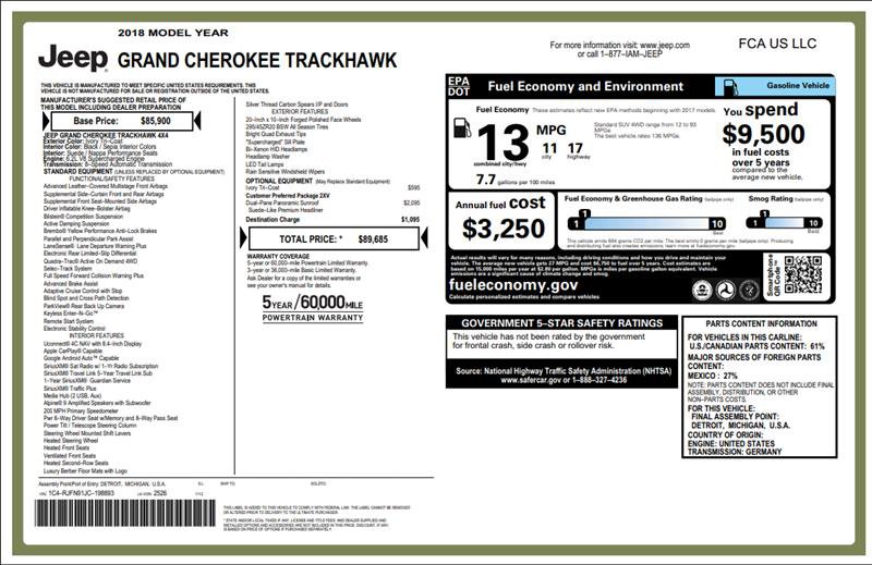 Used 2018 Jeep Grand Cherokee Trackhawk AWD/4WD image 3