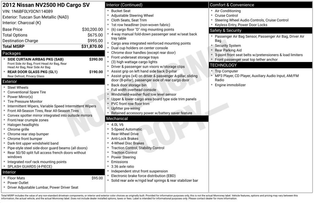Used 2012 Nissan NV 2500 SV w/ Side Curtain Airbag Pkg RWD image 6