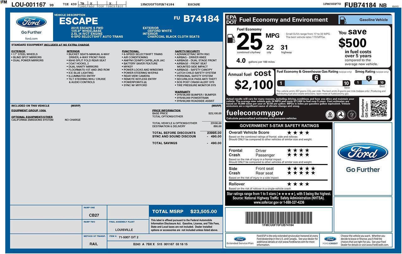 Used 2015 Ford Escape S FWD image 2
