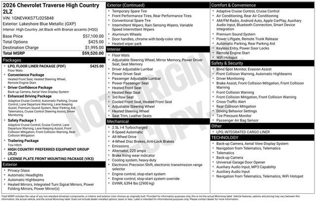 New 2026 Chevrolet Traverse High Country w/ LPO, Floor Liner Package AWD/4WD image 33