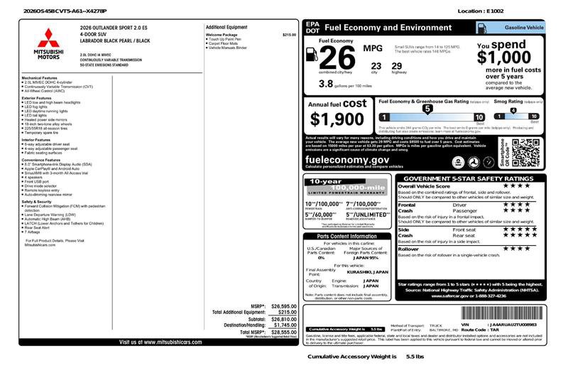Used 2026 Mitsubishi Outlander Sport ES AWD/4WD image 2