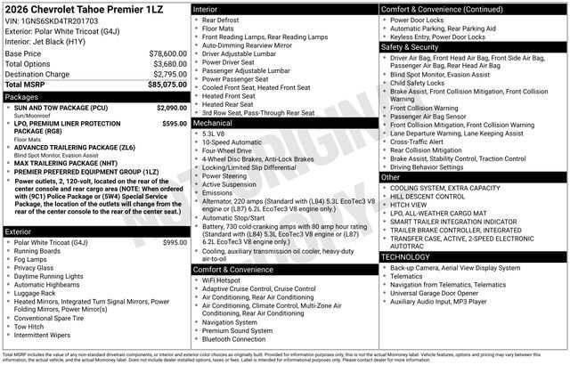New 2026 Chevrolet Tahoe Premier w/ Sun And Tow Package AWD/4WD image 2