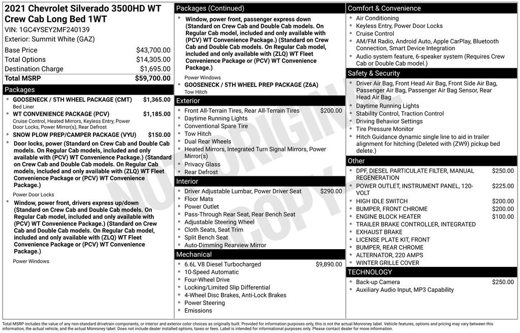 Used 2021 Chevrolet Silverado 3500 W/T w/ Gooseneck/5TH Wheel Package image 3