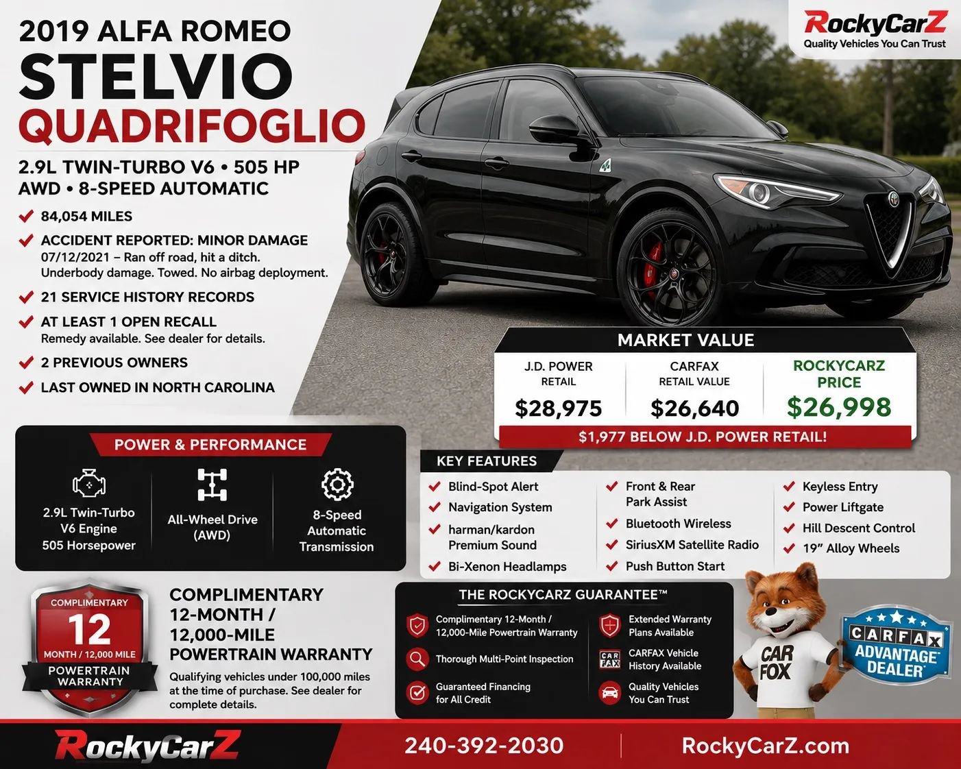 Used 2019 Alfa Romeo Stelvio Quadrifoglio w/ Driver Assist Dynamic Package AWD/4WD image 1