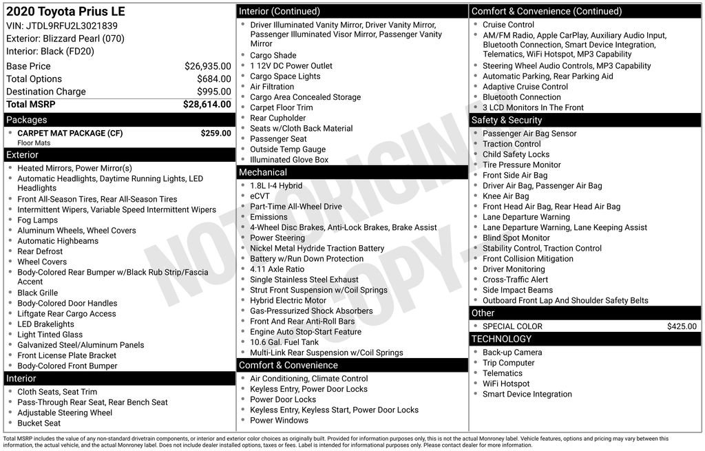 Used 2020 Toyota Prius LE w/ Carpet Mat Package AWD/4WD image 33