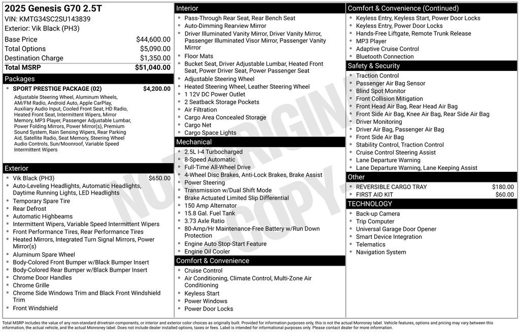 New 2025 Genesis G70 2.5T w/ Sport Prestige Package image 15