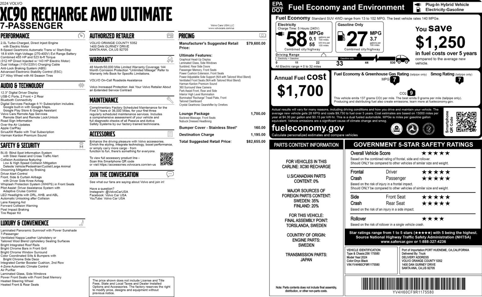 Used 2024 Volvo XC90 T8 Ultimate w/ Lounge Package image 55