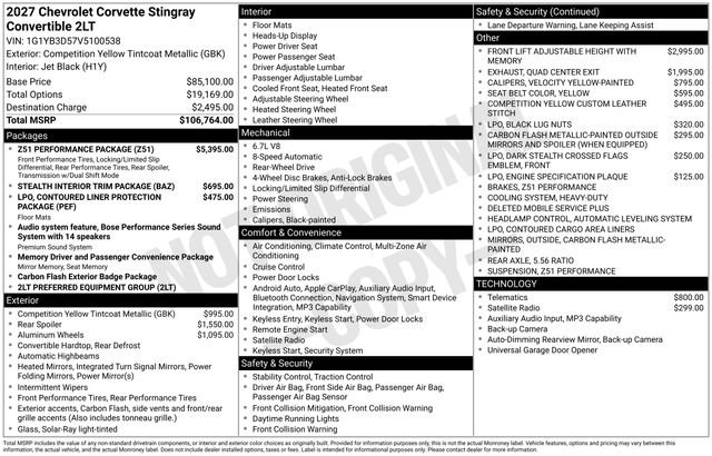 New 2027 Chevrolet Corvette Stingray Convertible w/ Z51 Performance Package RWD image 4