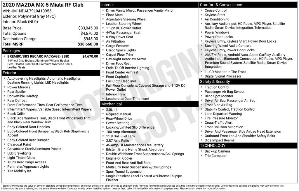 Used 2020 MAZDA MX-5 Miata RF Club w/ Brembo/BBS Recaro Package image 6