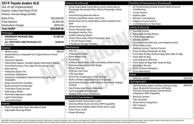 Used 2019 Toyota Avalon XLE w/ Moonroof Package image 46