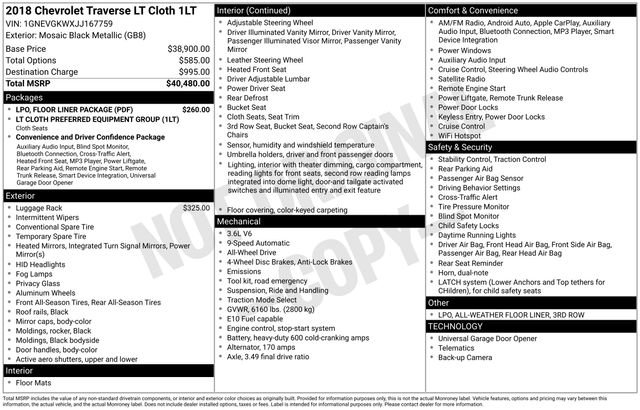 Used 2018 Chevrolet Traverse LT w/ LPO, Floor Liner Package image 2