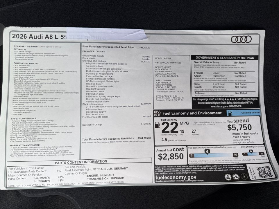 New 2026 Audi A8 L 3.0T AWD/4WD image 33