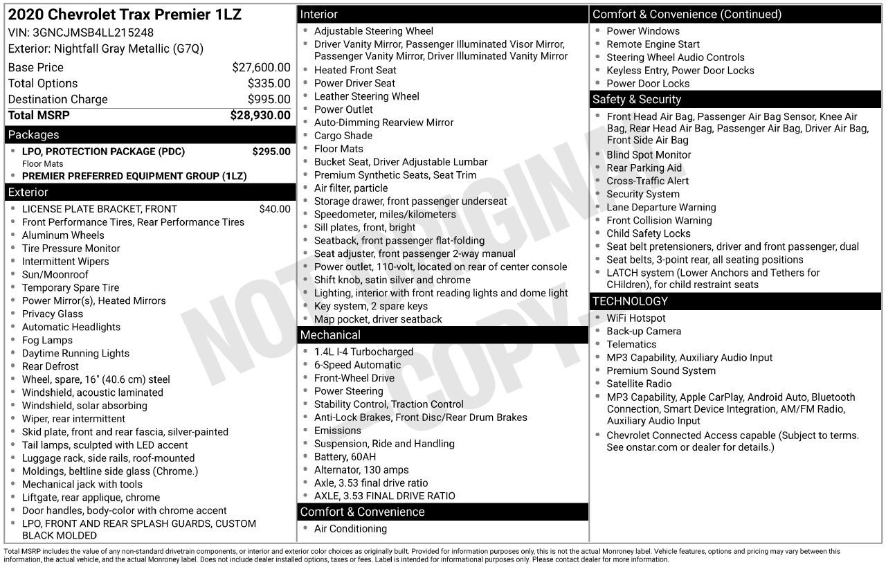 Used 2020 Chevrolet Trax Premier w/ LPO, Protection Package FWD image 44