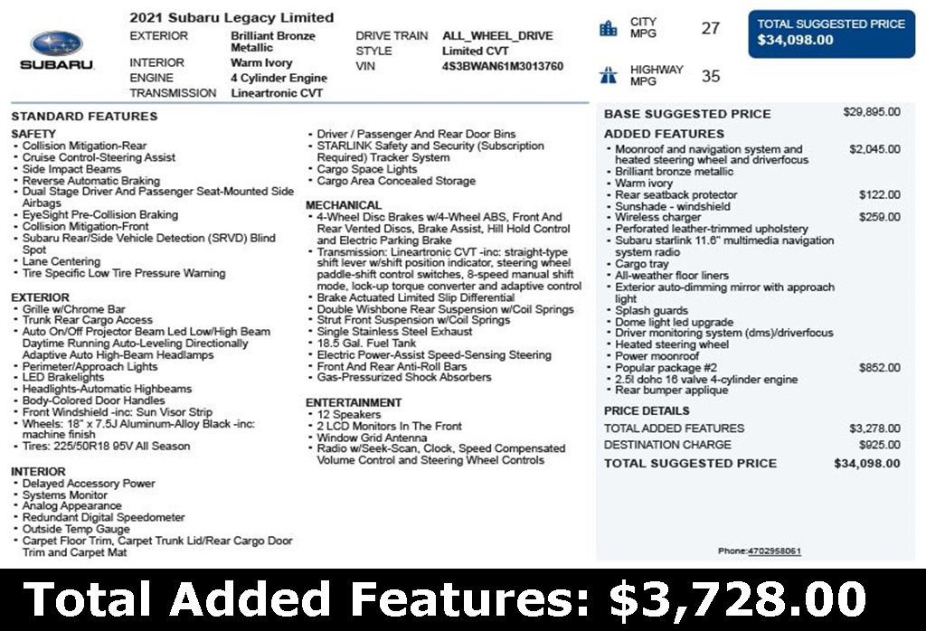 Used 2021 Subaru Legacy Limited w/ Popular Package #2 image 3