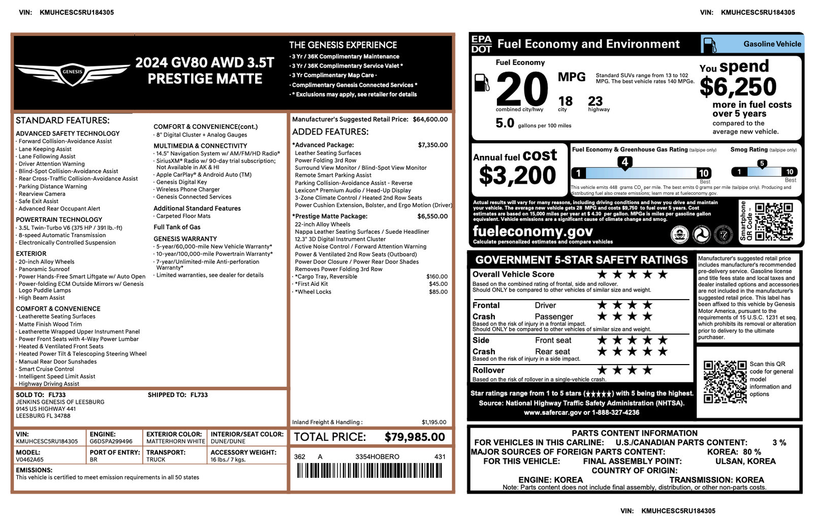Certified 2024 Genesis GV80 3.5T w/ Prestige Matte Package AWD/4WD image 3