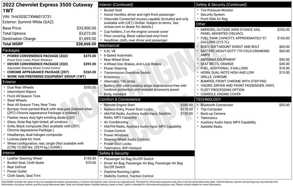 Used 2022 Chevrolet Express 3500 w/ Power Convenience Package RWD image 3