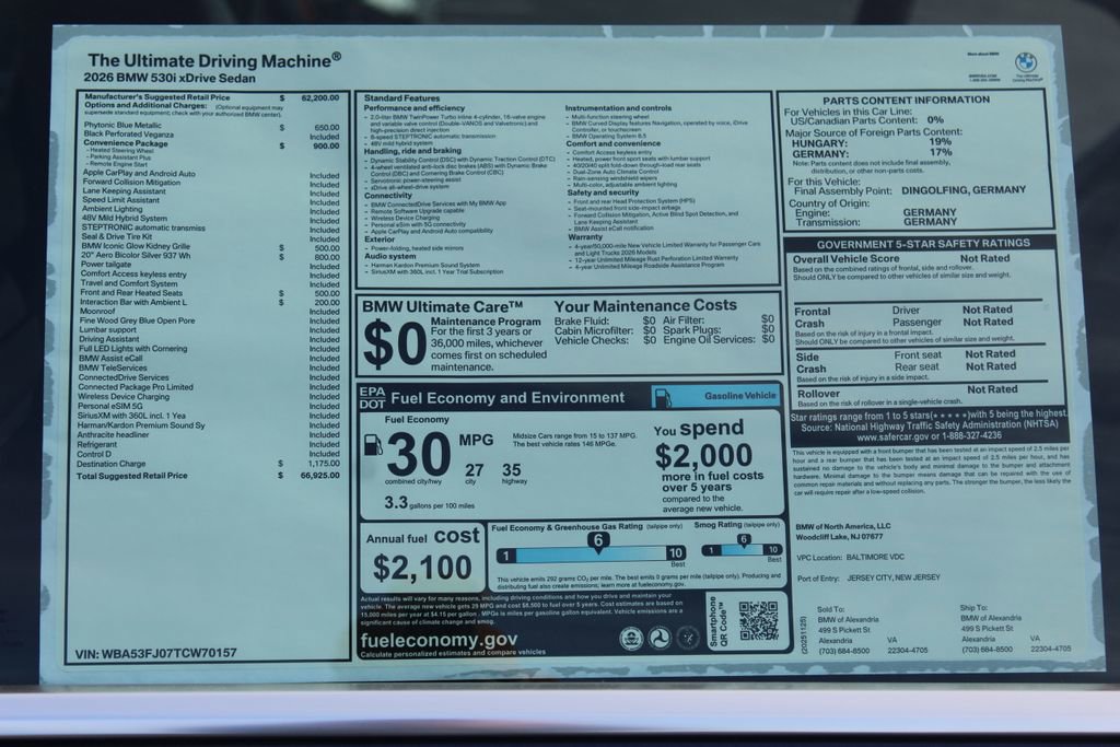 New 2026 BMW 530i xDrive w/ Convenience Package AWD/4WD image 2