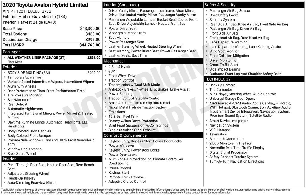 Used 2020 Toyota Avalon Limited w/ All Weather Liner Package FWD image 40