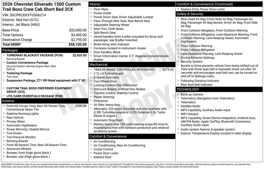 New 2026 Chevrolet Silverado 1500 Custom Trail Boss w/ Turbomax Blackout Package AWD/4WD image 8