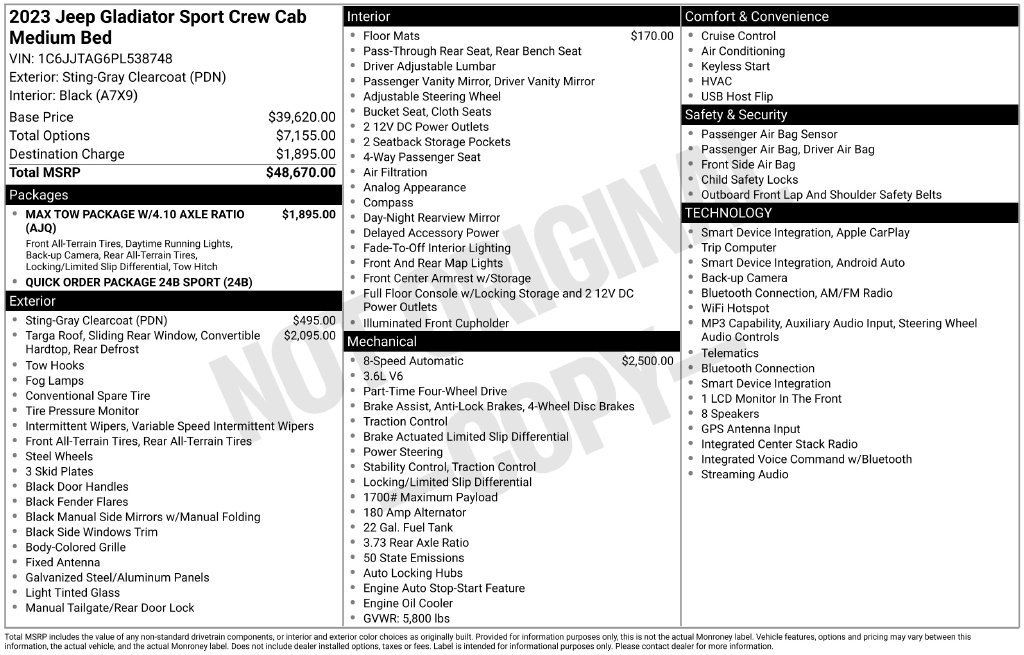 Used 2023 Jeep Gladiator Sport AWD/4WD image 2