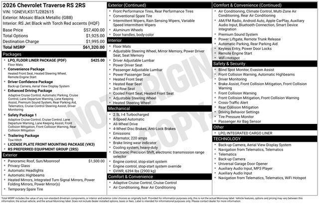 New 2026 Chevrolet Traverse RS w/ LPO, Floor Liner Package image 5