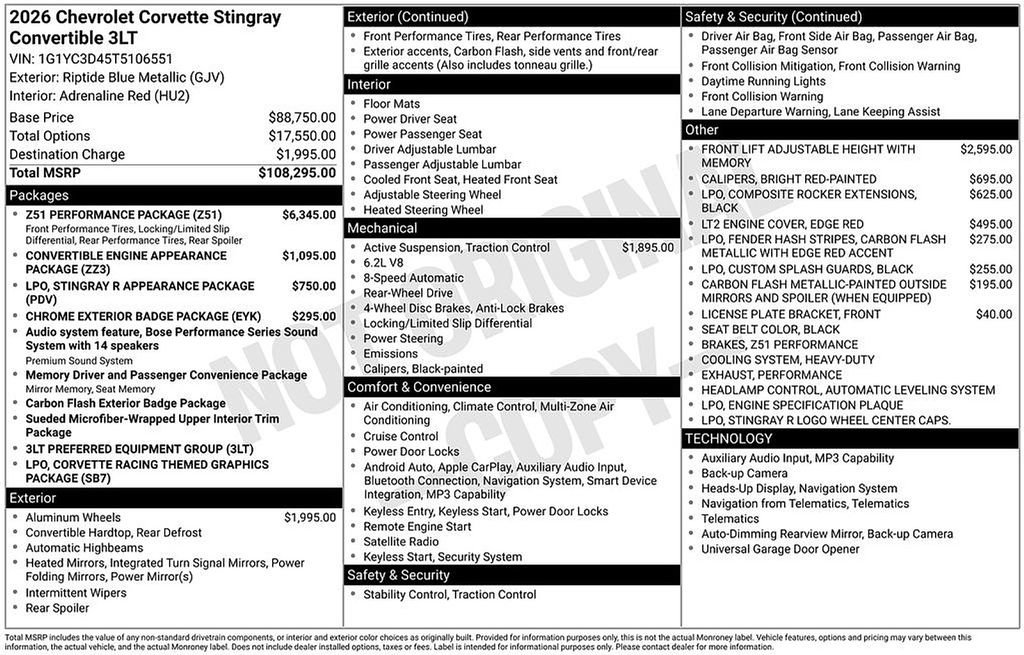 New 2026 Chevrolet Corvette Stingray Premium Conv w/ Z51 Performance Package image 7