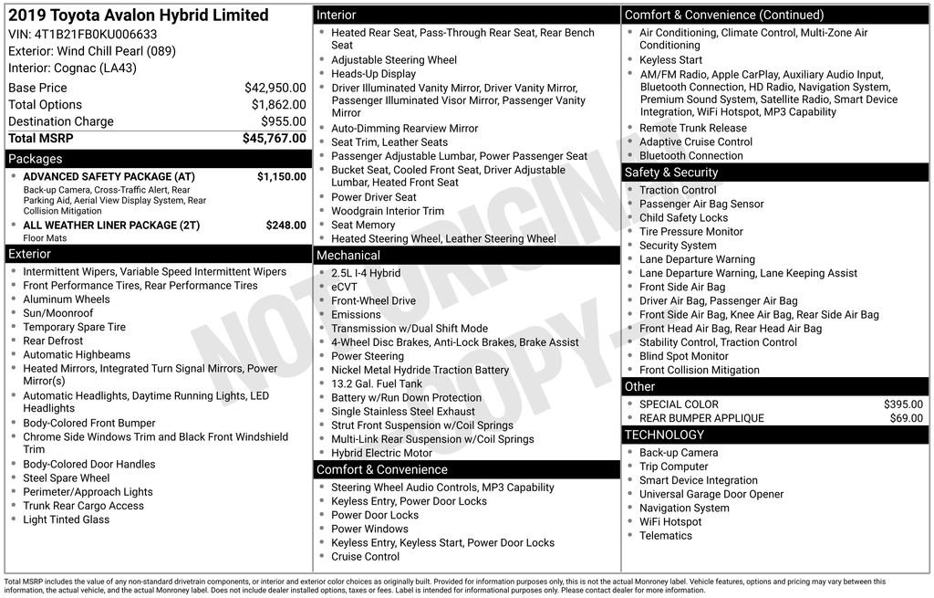Used 2019 Toyota Avalon Limited w/ Advanced Safety Package FWD image 4