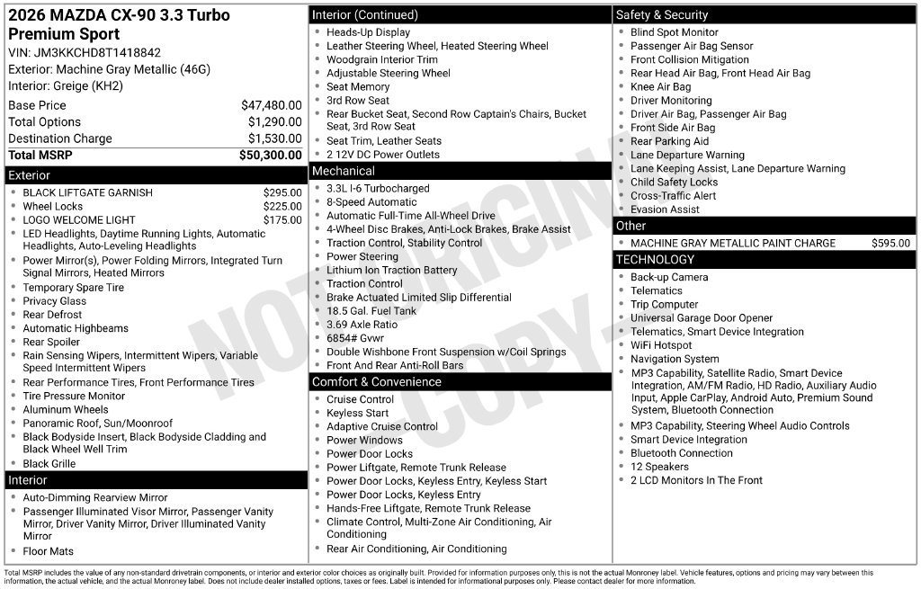 New 2026 MAZDA CX-90 3.3 Turbo w/ Premium Sport Pkg AWD/4WD image 3