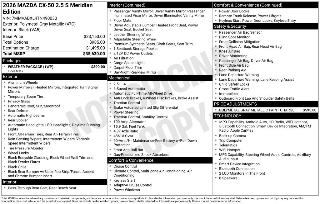 New 2026 MAZDA CX-50 Meridian Edition w/ Weather Package AWD/4WD image 33