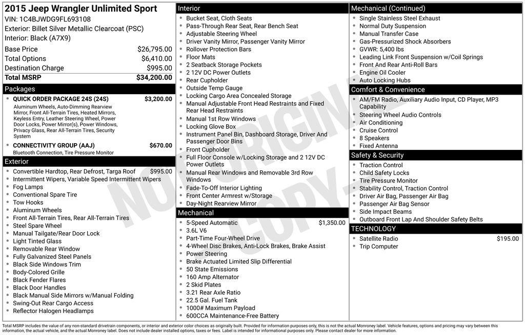 Used 2015 Jeep Wrangler Unlimited Sport w/ Quick Order Package 24S AWD/4WD image 3