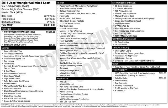 Used 2016 Jeep Wrangler Unlimited Sport w/ Quick Order Package 23S AWD/4WD image 7