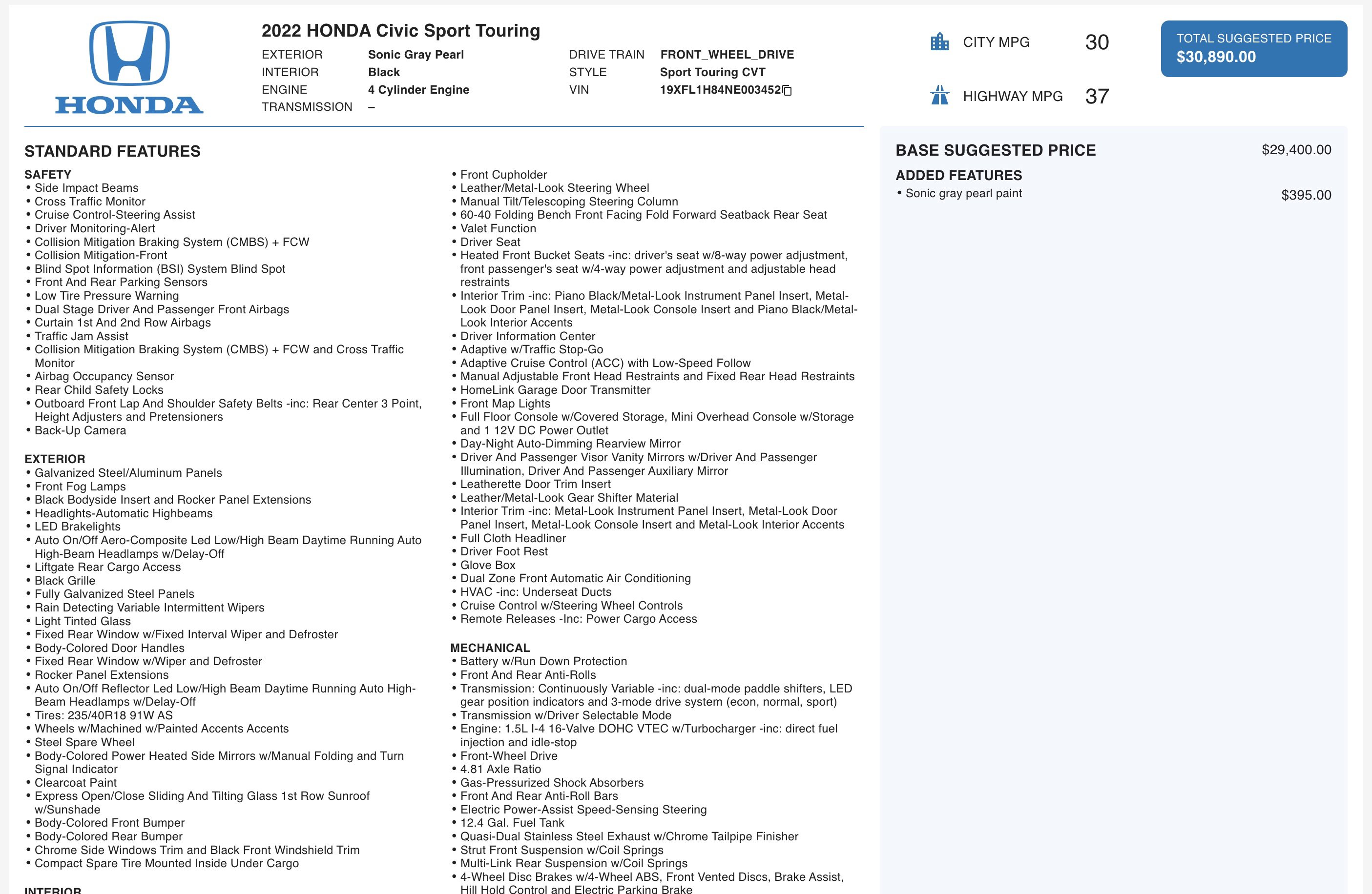 Used 2022 Honda Civic Sport Touring image 5