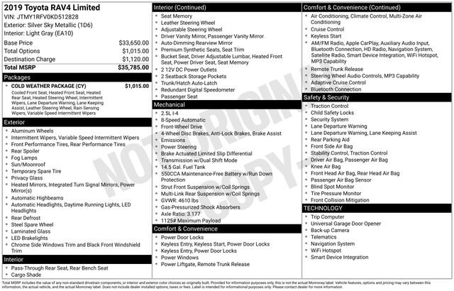 Used 2019 Toyota RAV4 Limited w/ Cold Weather Package FWD image 28