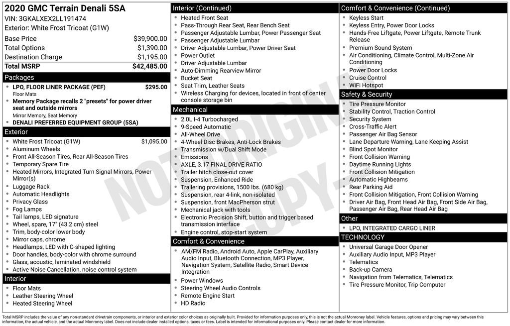 Certified 2020 GMC Terrain Denali w/ LPO, Floor Liner Package image 29