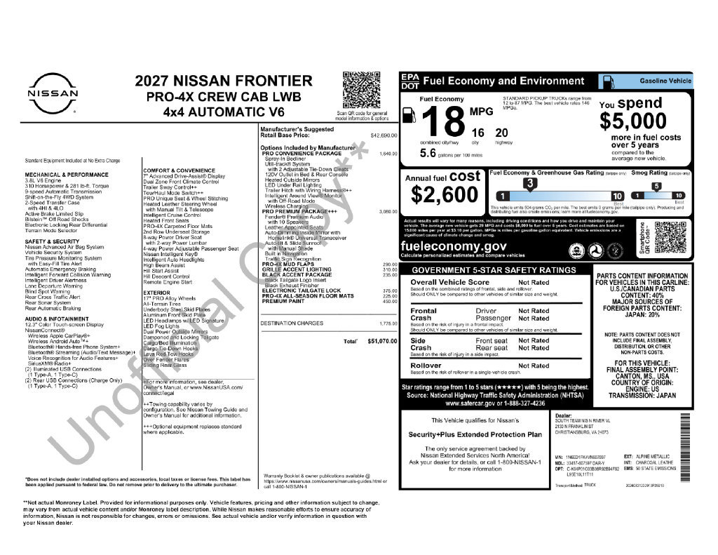 New 2027 Nissan Frontier PRO-4X w/ Pro Premium Package AWD/4WD image 2