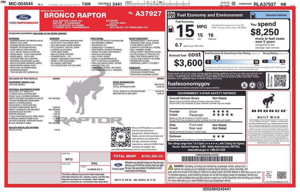 Certified 2024 Ford Bronco Raptor w/ Interior Carbon Fiber Pack 6 AWD/4WD image 3