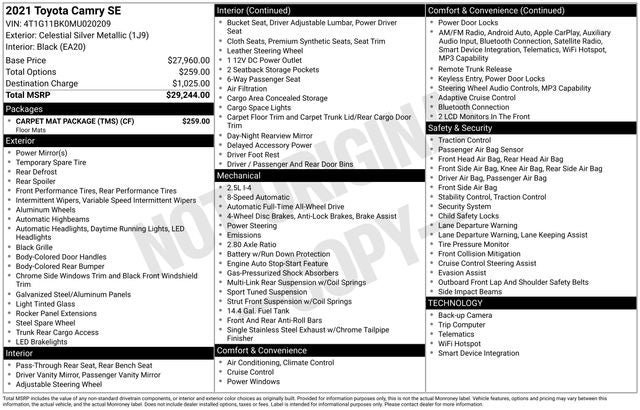 Certified 2021 Toyota Camry SE w/ Carpet Mat Package (TMS) AWD/4WD image 7
