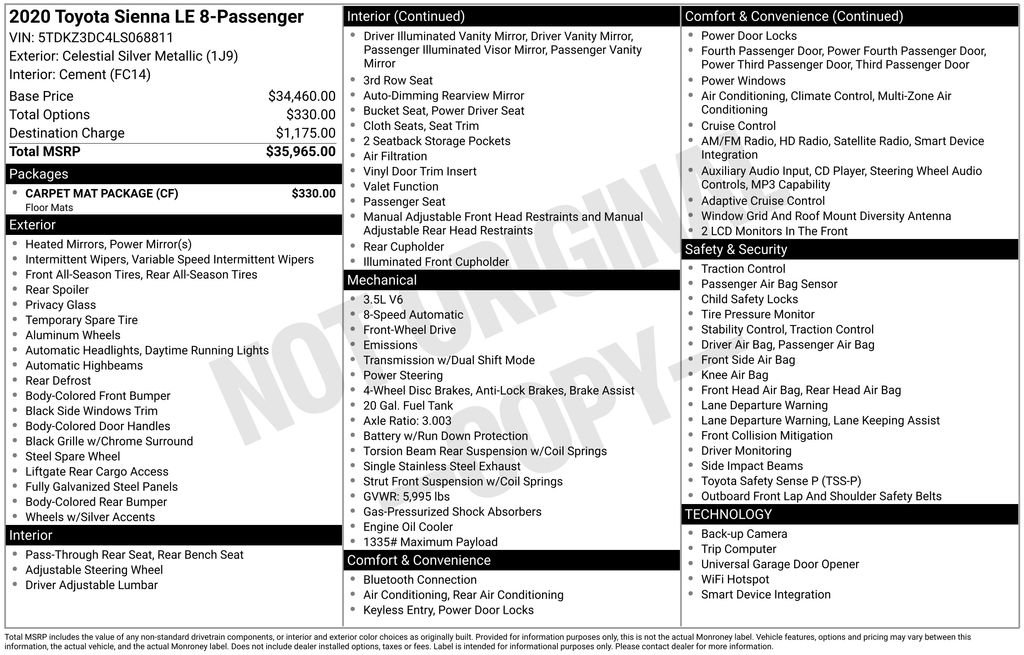 Used 2020 Toyota Sienna LE w/ Carpet Mat Package FWD image 3