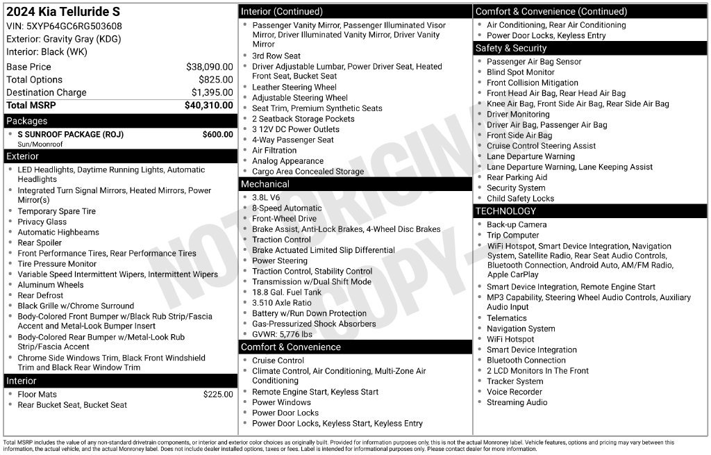 Used 2024 Kia Telluride S w/ S Sunroof Package FWD image 4