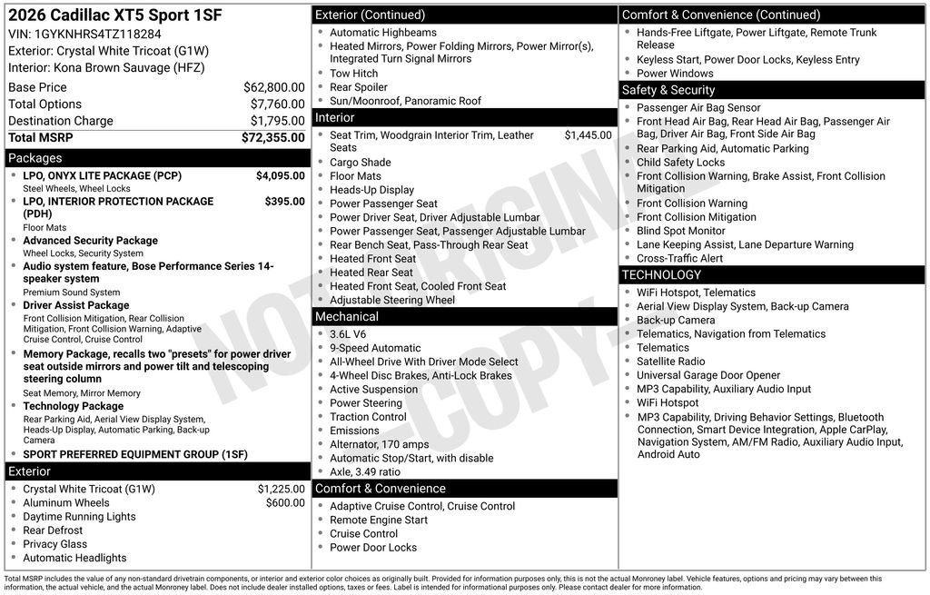 New 2026 Cadillac XT5 Sportv w/ LPO, Onyx Lite Package AWD/4WD image 10