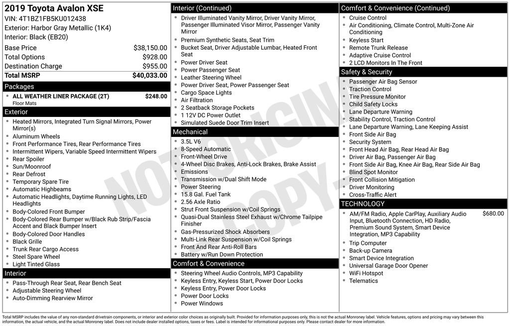 Used 2019 Toyota Avalon XSE w/ All Weather Liner Package FWD image 14