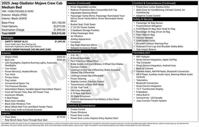 Certified 2025 Jeep Gladiator Mojave w/ Safety Group AWD/4WD image 8