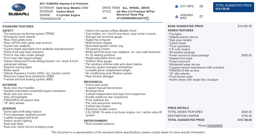 Used 2011 Subaru Impreza 2.5i Premium w/ PWR Moonroof Value Pkg image 2