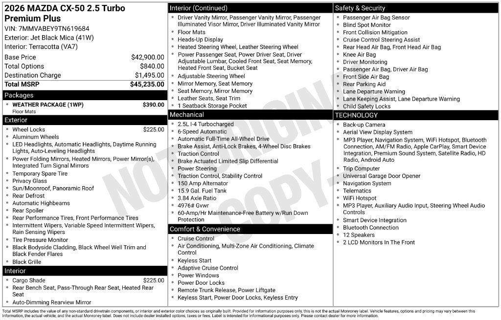 New 2026 MAZDA CX-50 2.5 Turbo w/ Weather Package AWD/4WD image 10