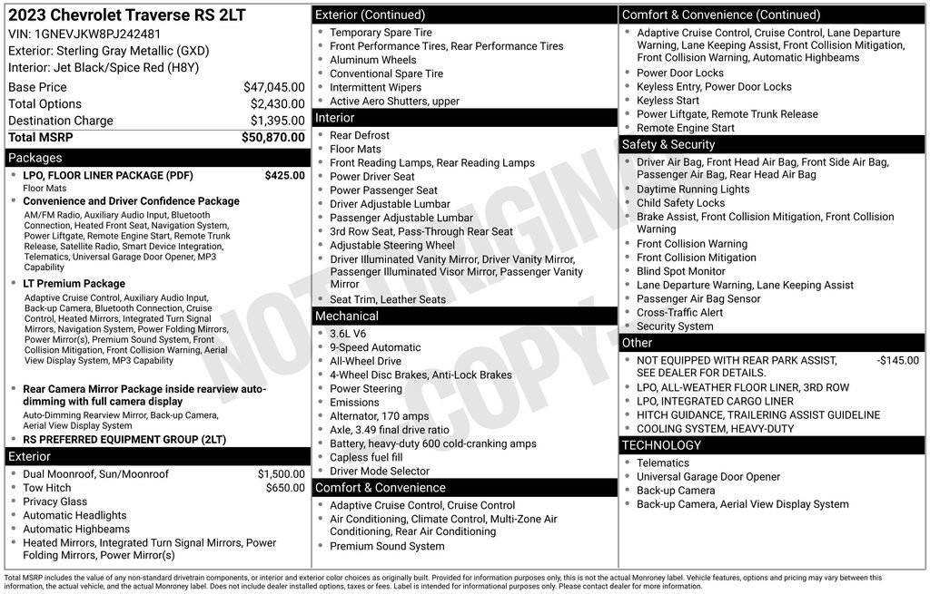 Certified 2023 Chevrolet Traverse RS w/ LPO, Floor Liner Package