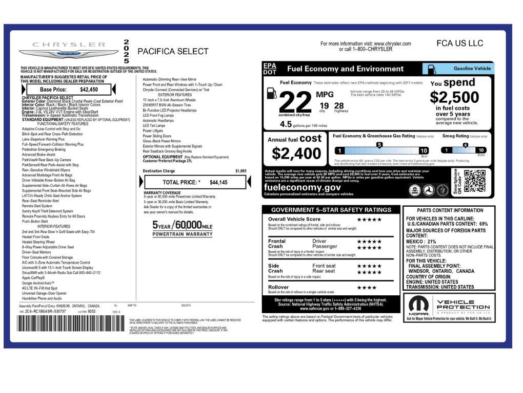 Used 2025 Chrysler Pacifica Select FWD image 2