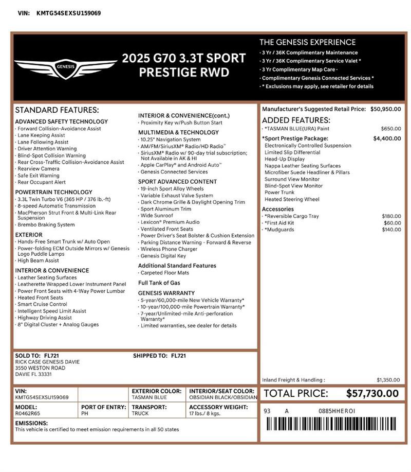 Used 2025 Genesis G70 3.3T Advanced w/ Sport Prestige Package RWD image 3