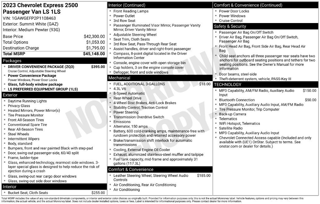Used 2023 Chevrolet Express 2500 LS w/ Driver Convenience Package