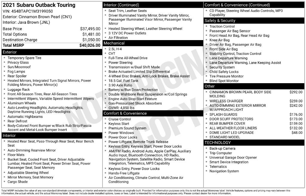 Certified 2021 Subaru Outback Touring AWD/4WD image 35