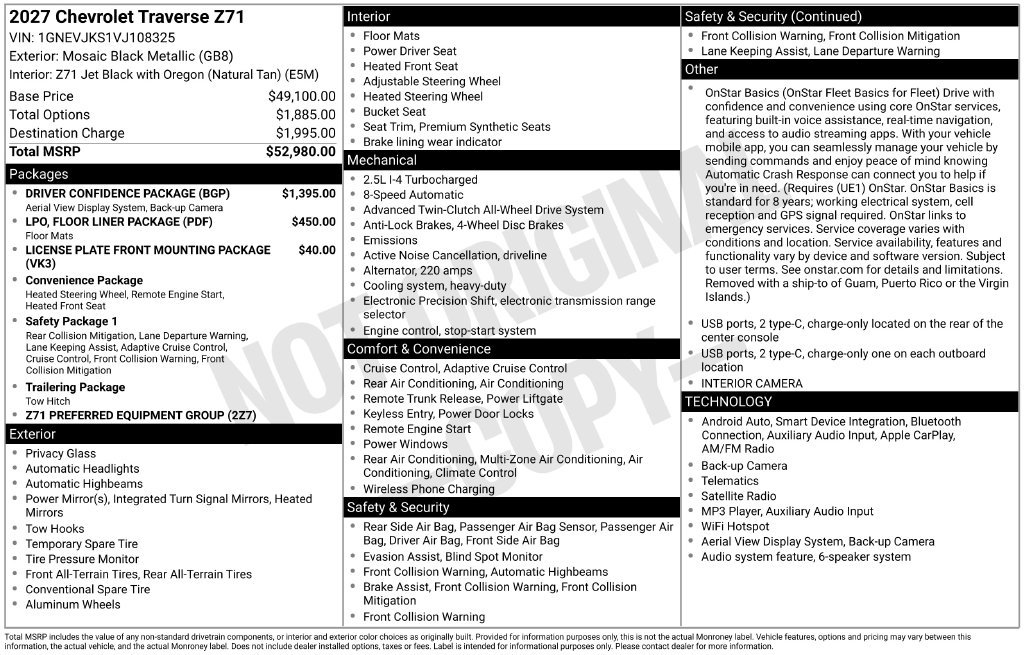 New 2027 Chevrolet Traverse Z71 w/ Driver Confidence Package AWD/4WD image 8